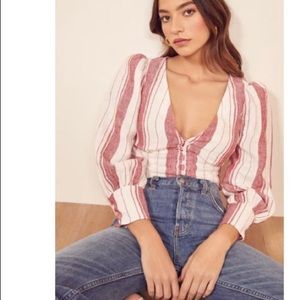 REFORMATION Finnegan Linen Top In Savannah Stripe S8